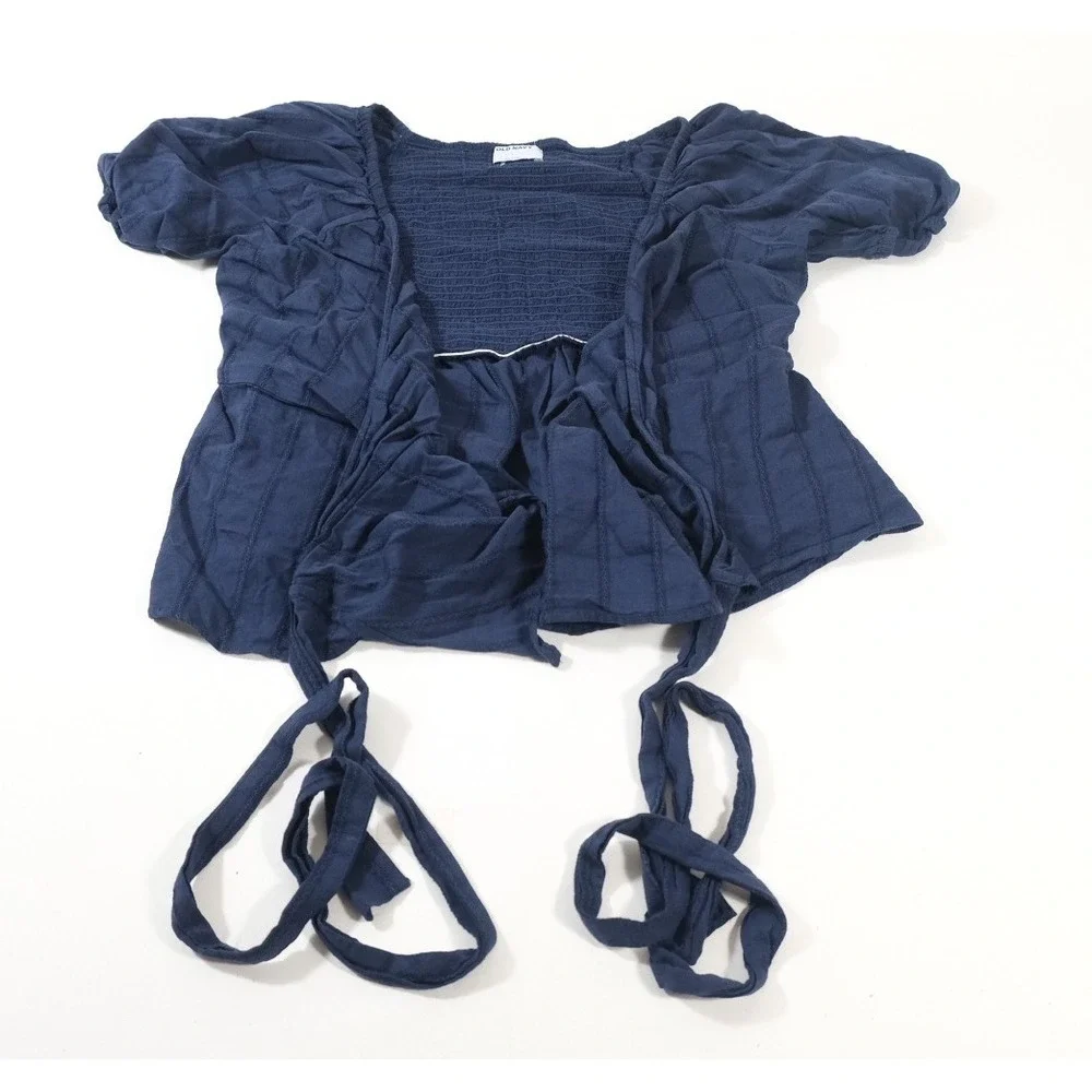 Old Navy Blouse Womens Large Navy Blue Puff Sleeve‎ Wrap Peplum Smocked Top Tie
